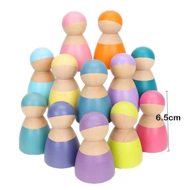12 Pcs Wooden Peg Dolls in Pastel/Macaron Colors - The Nurturing Nook