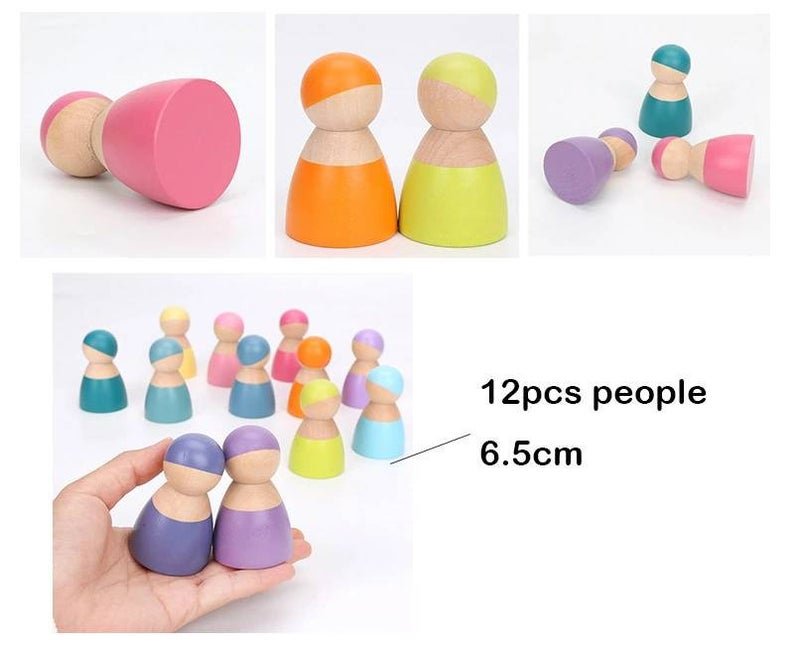 12 Pcs Wooden Peg Dolls in Pastel/Macaron Colors - The Nurturing Nook