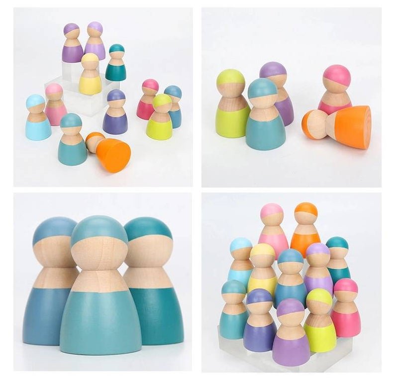 12 Pcs Wooden Peg Dolls in Pastel/Macaron Colors - The Nurturing Nook