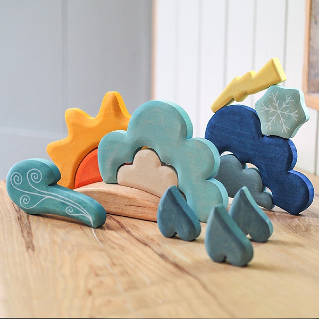 13 Pcs STAINED Wooden Weather Building Set - The Nurturing Nook