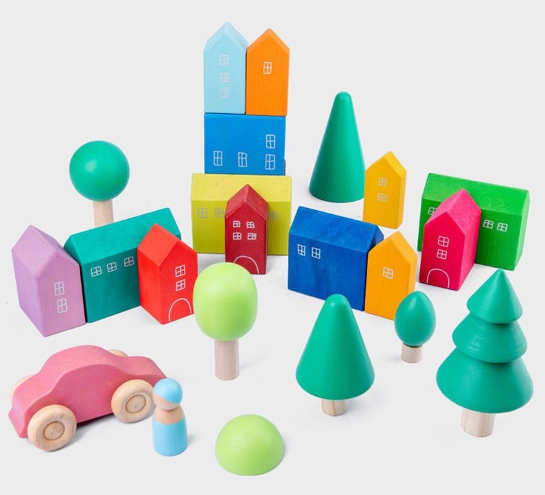 15 Pcs Little Village Wooden House Toys Building Blocks - The Nurturing Nook