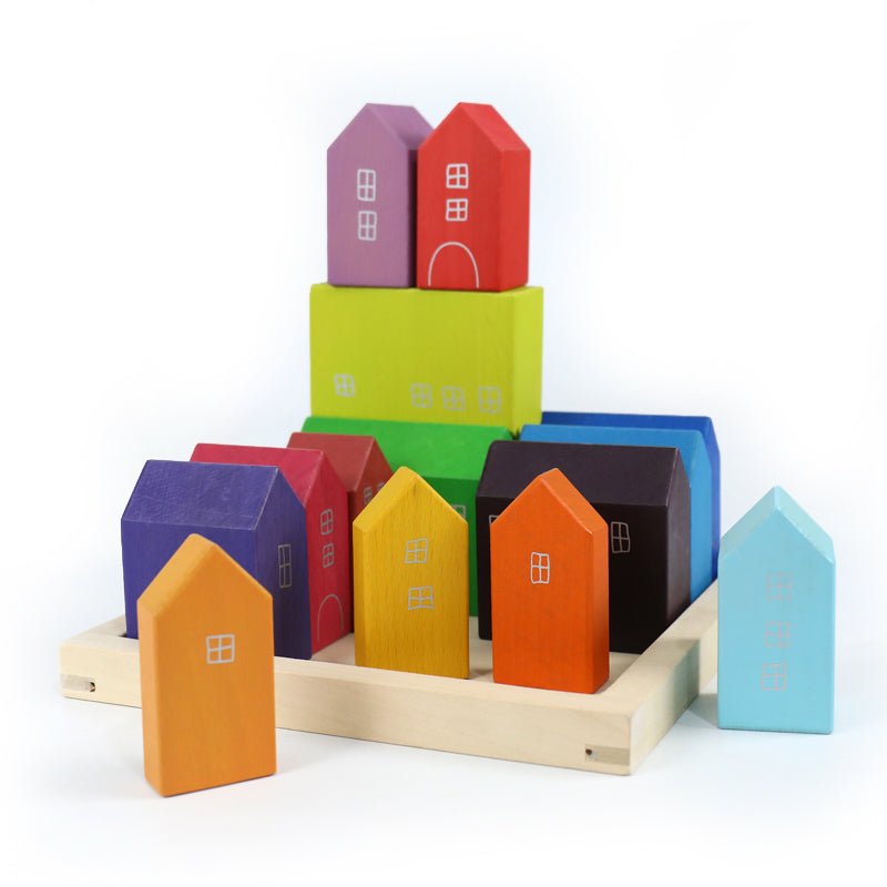 15 Pcs Little Village Wooden House Toys Building Blocks - The Nurturing Nook