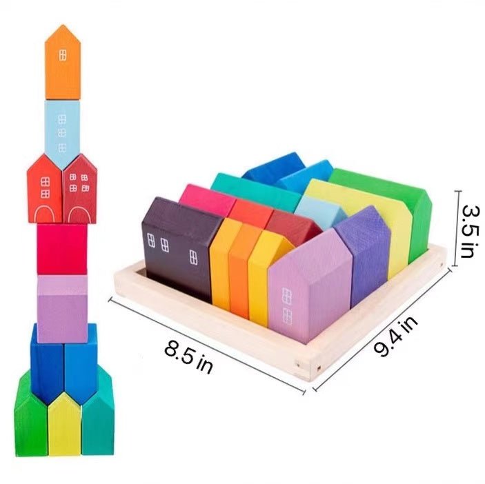15 Pcs Little Village Wooden House Toys Building Blocks - The Nurturing Nook