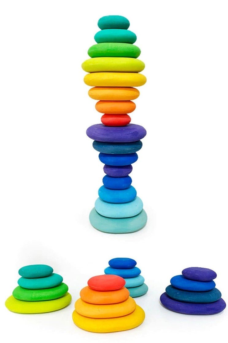 16 Pcs STAINED Wooden Stacking Pebbles Wooden Stacking Stones - The Nurturing Nook
