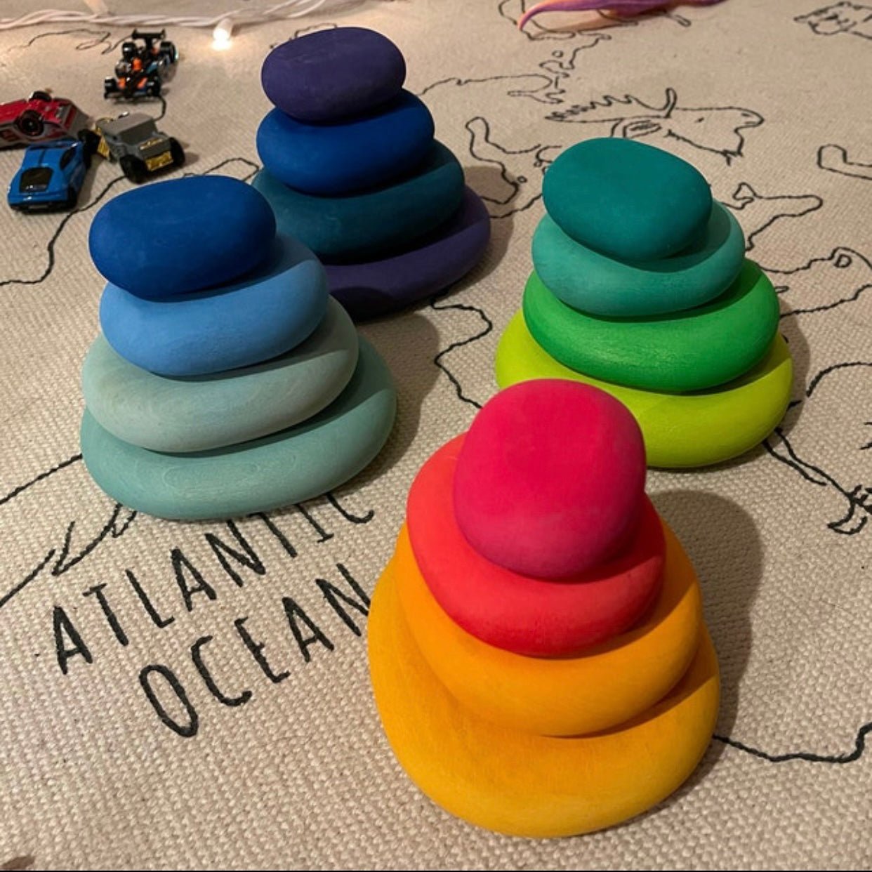 16 Pcs STAINED Wooden Stacking Pebbles Wooden Stacking Stones - The Nurturing Nook