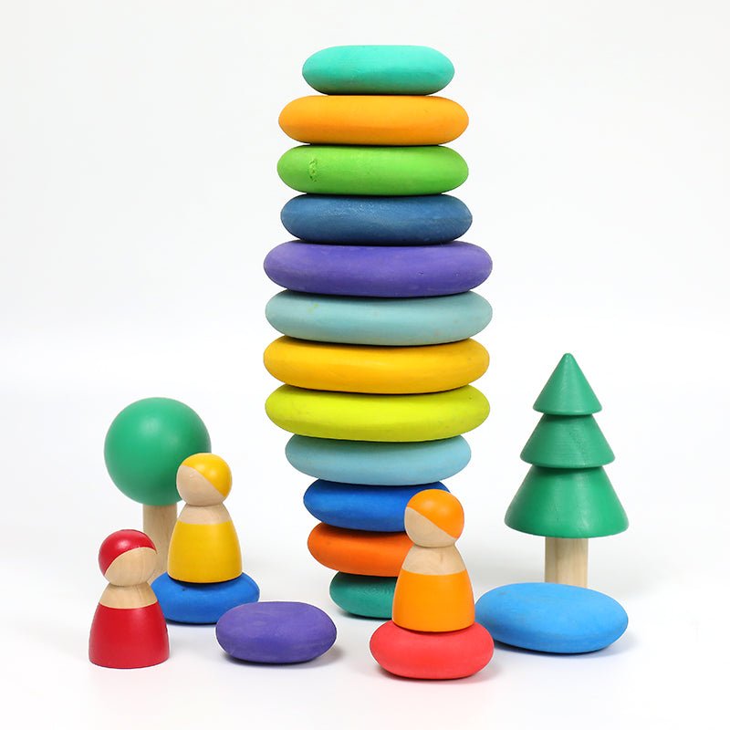 16 Pcs STAINED Wooden Stacking Pebbles Wooden Stacking Stones - The Nurturing Nook