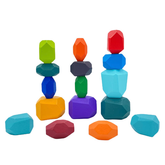 16 Pcs Wooden Stone Balancing Stacking Blocks in Primary Colors - The Nurturing Nook