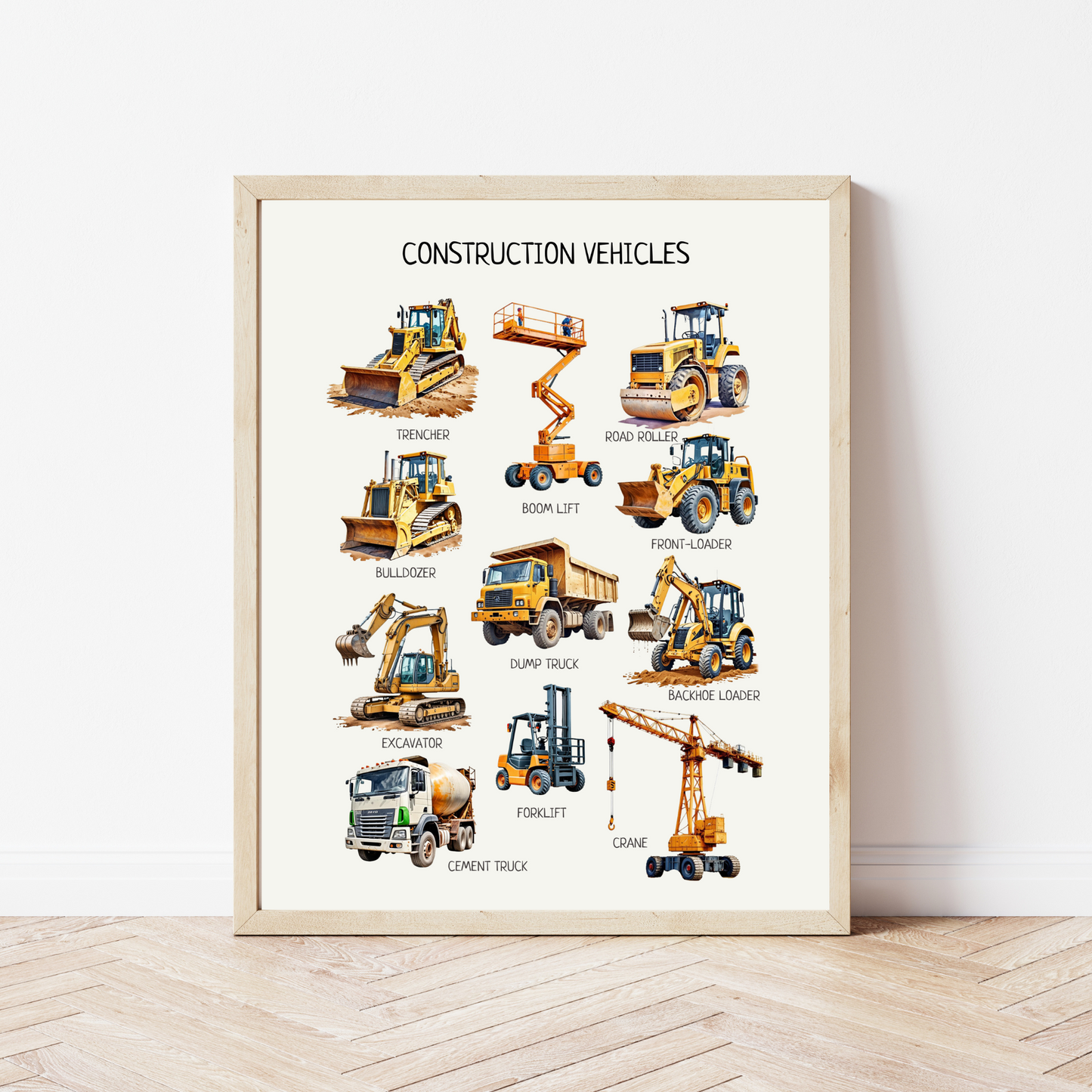 Construction Vehicles Poster - Educational Trucks Wall Art for Toddler Playroom, Montessori Classroom & Nursery | Digital Download