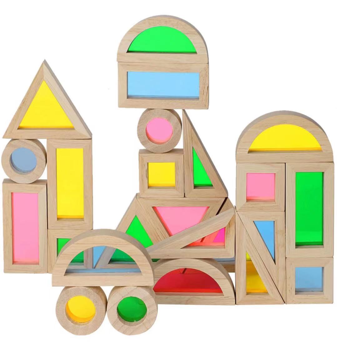 24 Pcs Rainbow Acrylic Sensory Wooden Building Blocks - The Nurturing Nook