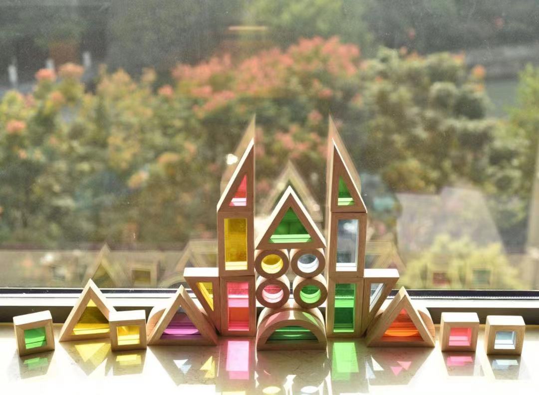 24 Pcs Rainbow Acrylic Sensory Wooden Building Blocks - The Nurturing Nook