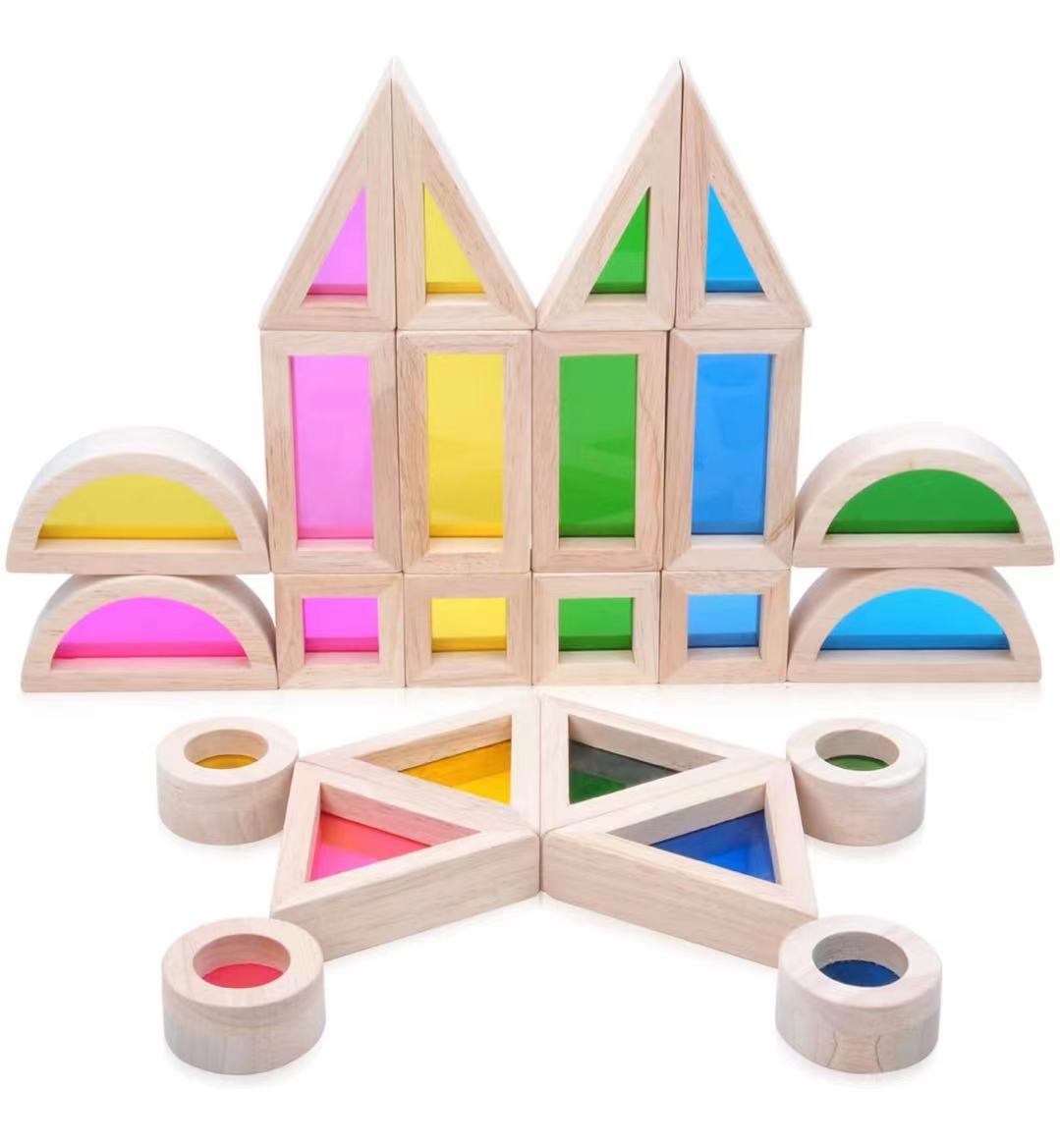 24 Pcs Rainbow Acrylic Sensory Wooden Building Blocks - The Nurturing Nook