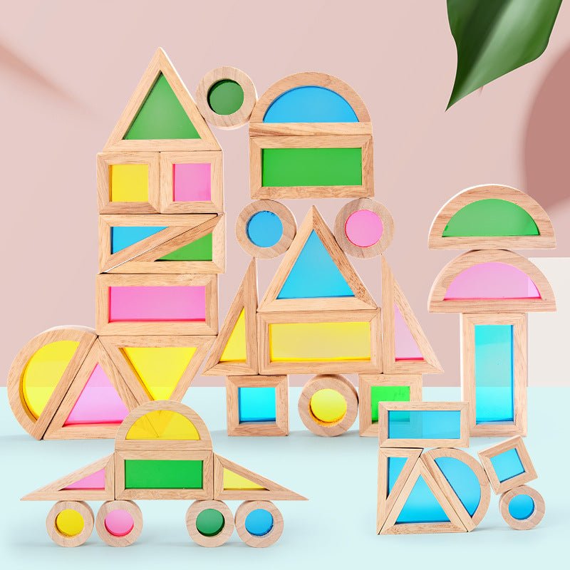 24 Pcs Rainbow Acrylic Sensory Wooden Building Blocks - The Nurturing Nook