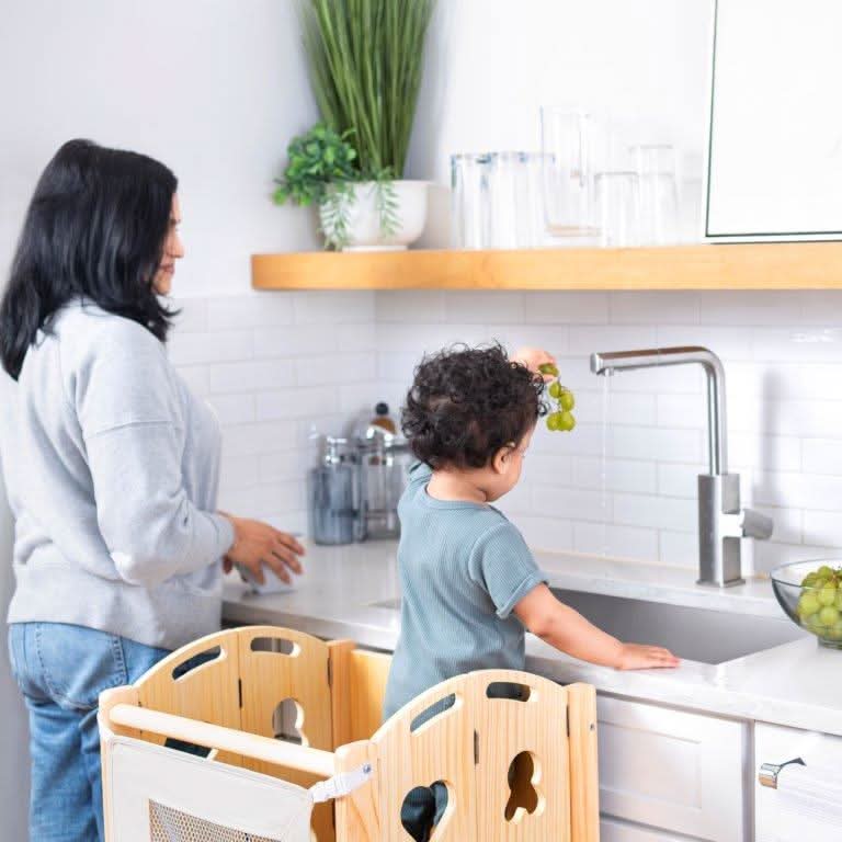 3 in 1 foldable toddler tower, step stool and chalkboard - The Nurturing Nook