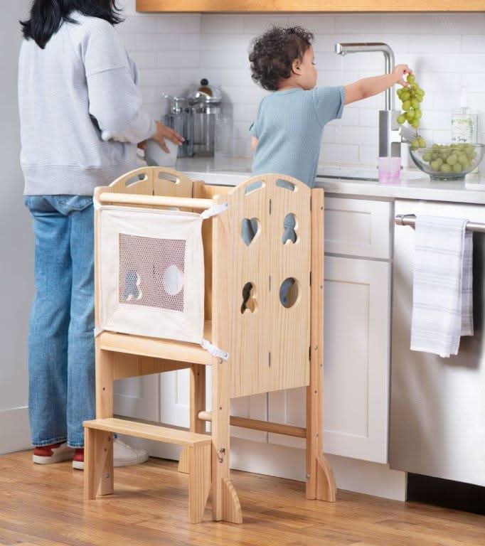 3 in 1 foldable toddler tower, step stool and chalkboard - The Nurturing Nook