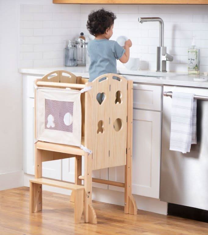 3 in 1 foldable toddler tower, step stool and chalkboard - The Nurturing Nook
