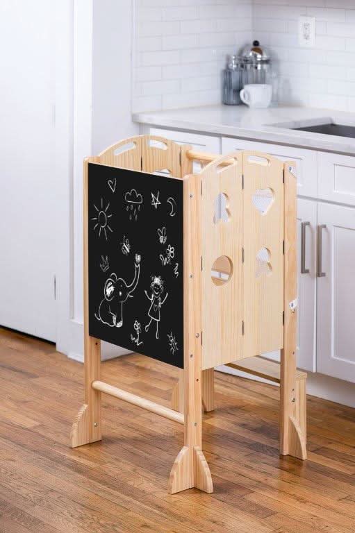 3 in 1 foldable toddler tower, step stool and chalkboard - The Nurturing Nook