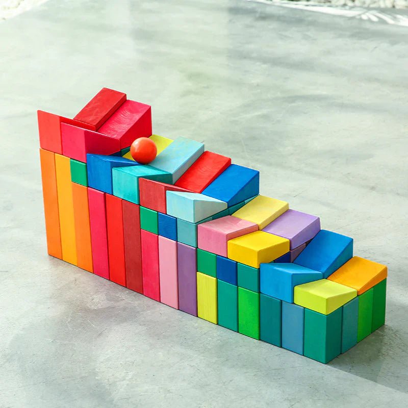 30 Pcs STAINED Wooden Sloping Blocks in Primary Rainbow Colors with Storage Tray - The Nurturing Nook