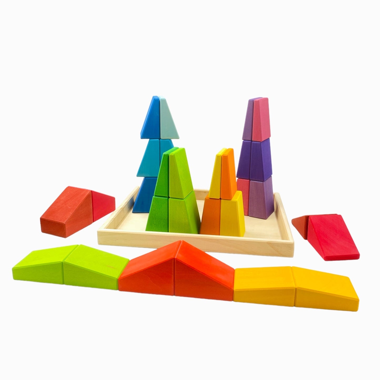 30 Pcs STAINED Wooden Sloping Blocks in Primary Rainbow Colors with Storage Tray - The Nurturing Nook