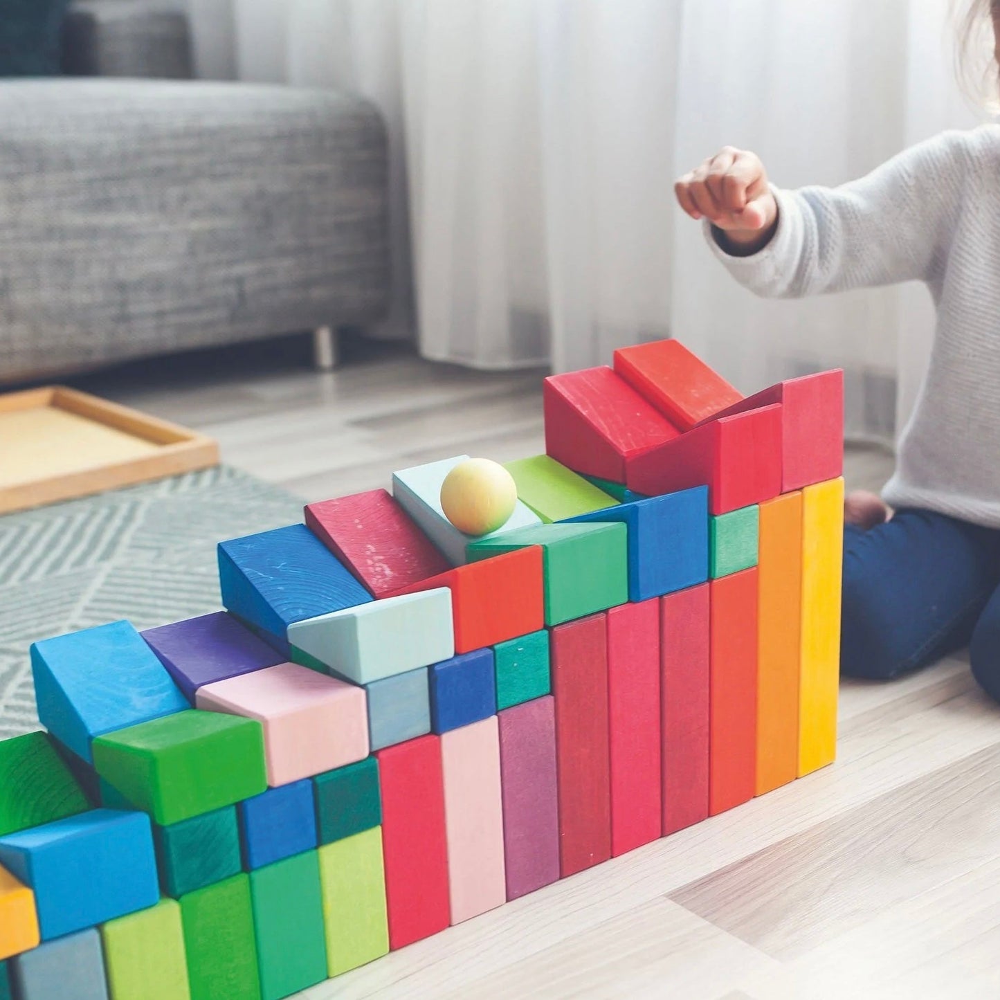 30 Pcs STAINED Wooden Sloping Blocks in Primary Rainbow Colors with Storage Tray - The Nurturing Nook