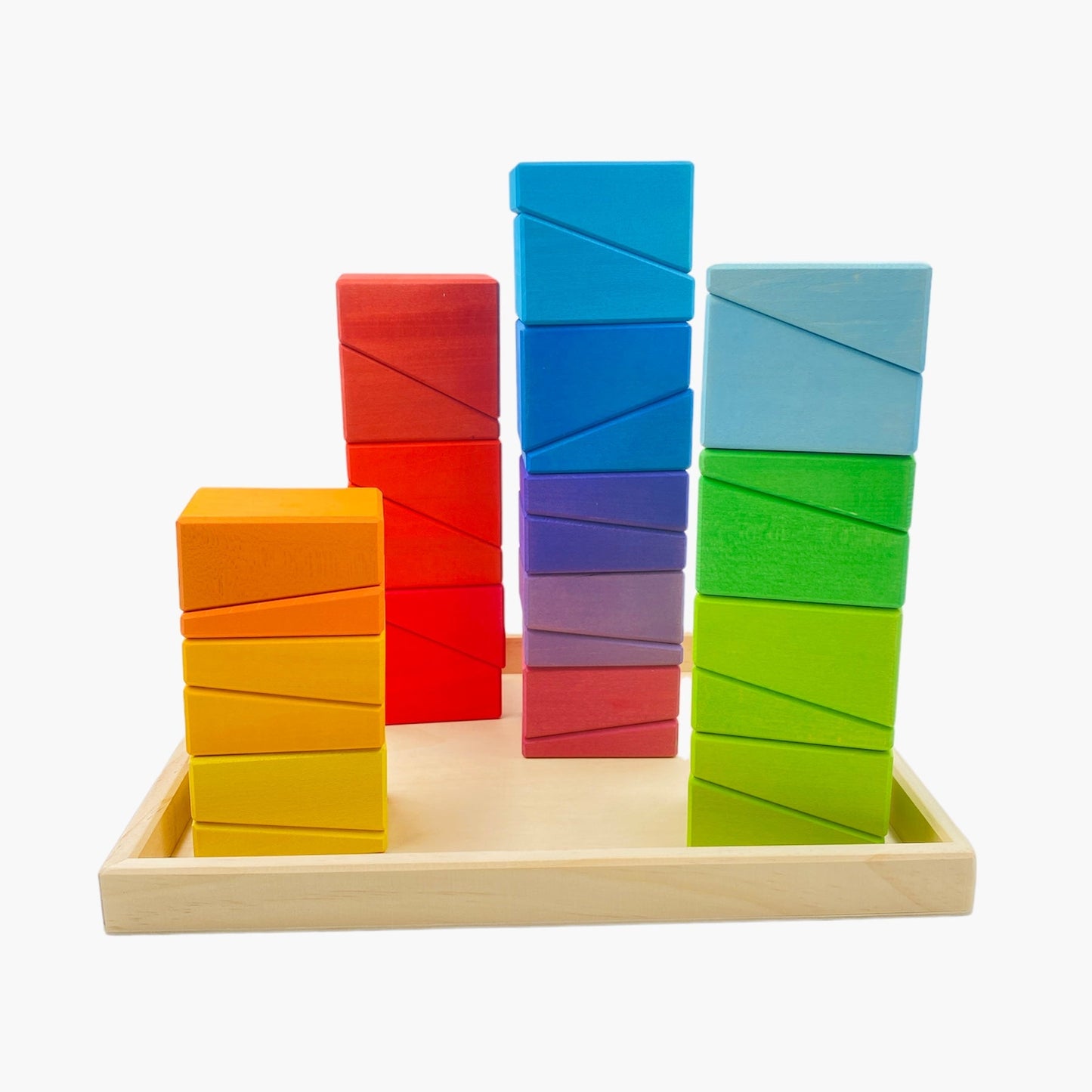 30 Pcs STAINED Wooden Sloping Blocks in Primary Rainbow Colors with Storage Tray - The Nurturing Nook