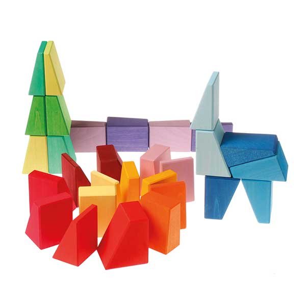 30 Pcs STAINED Wooden Sloping Blocks in Primary Rainbow Colors with Storage Tray - The Nurturing Nook