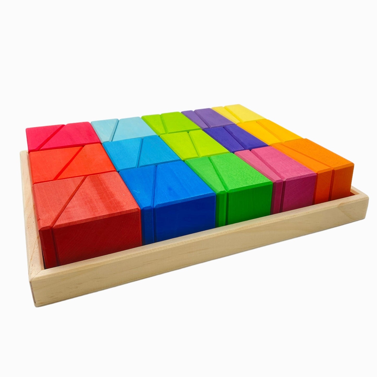 30 Pcs STAINED Wooden Sloping Blocks in Primary Rainbow Colors with Storage Tray - The Nurturing Nook