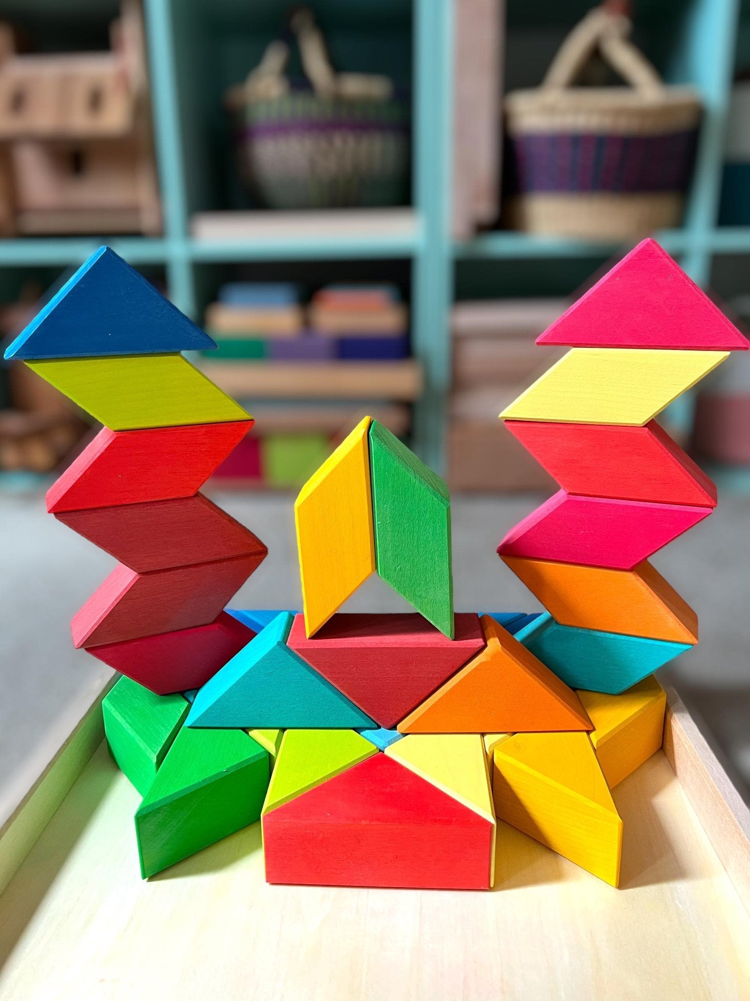 36 Pcs STAINED Large Rainbow Square Indian Puzzle Blocks with Storage Tray - The Nurturing Nook