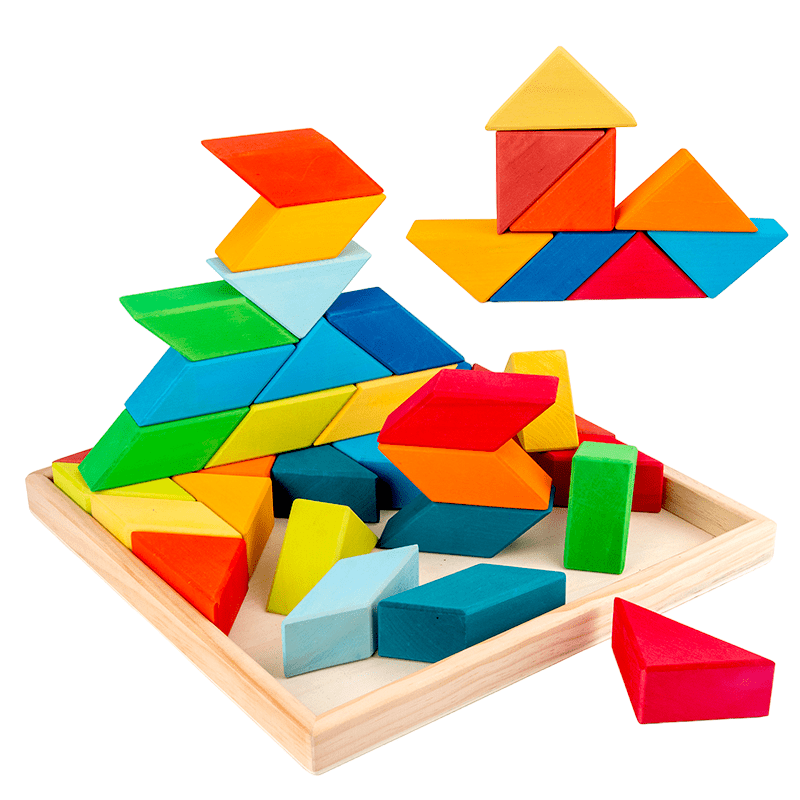 36 Pcs STAINED Large Rainbow Square Indian Puzzle Blocks with Storage Tray - The Nurturing Nook