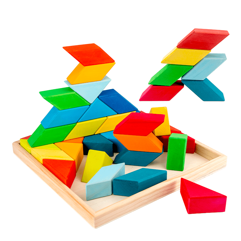 36 Pcs STAINED Large Rainbow Square Indian Puzzle Blocks with Storage Tray - The Nurturing Nook