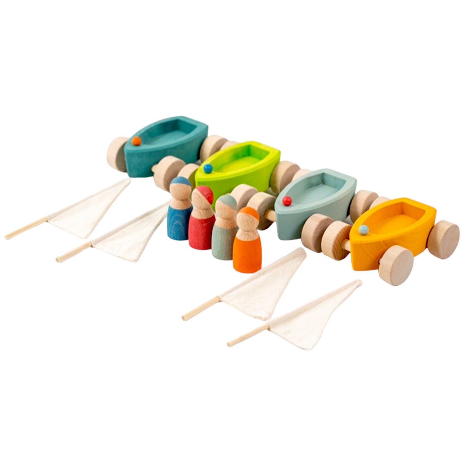 4 Pcs STAINED Wooden Land Yachts Set with 4 Pcs Peg dolls - The Nurturing Nook