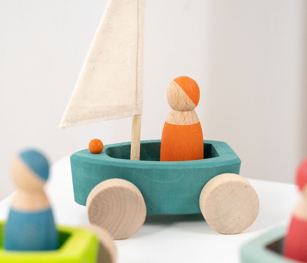4 Pcs STAINED Wooden Land Yachts Set with 4 Pcs Peg dolls - The Nurturing Nook