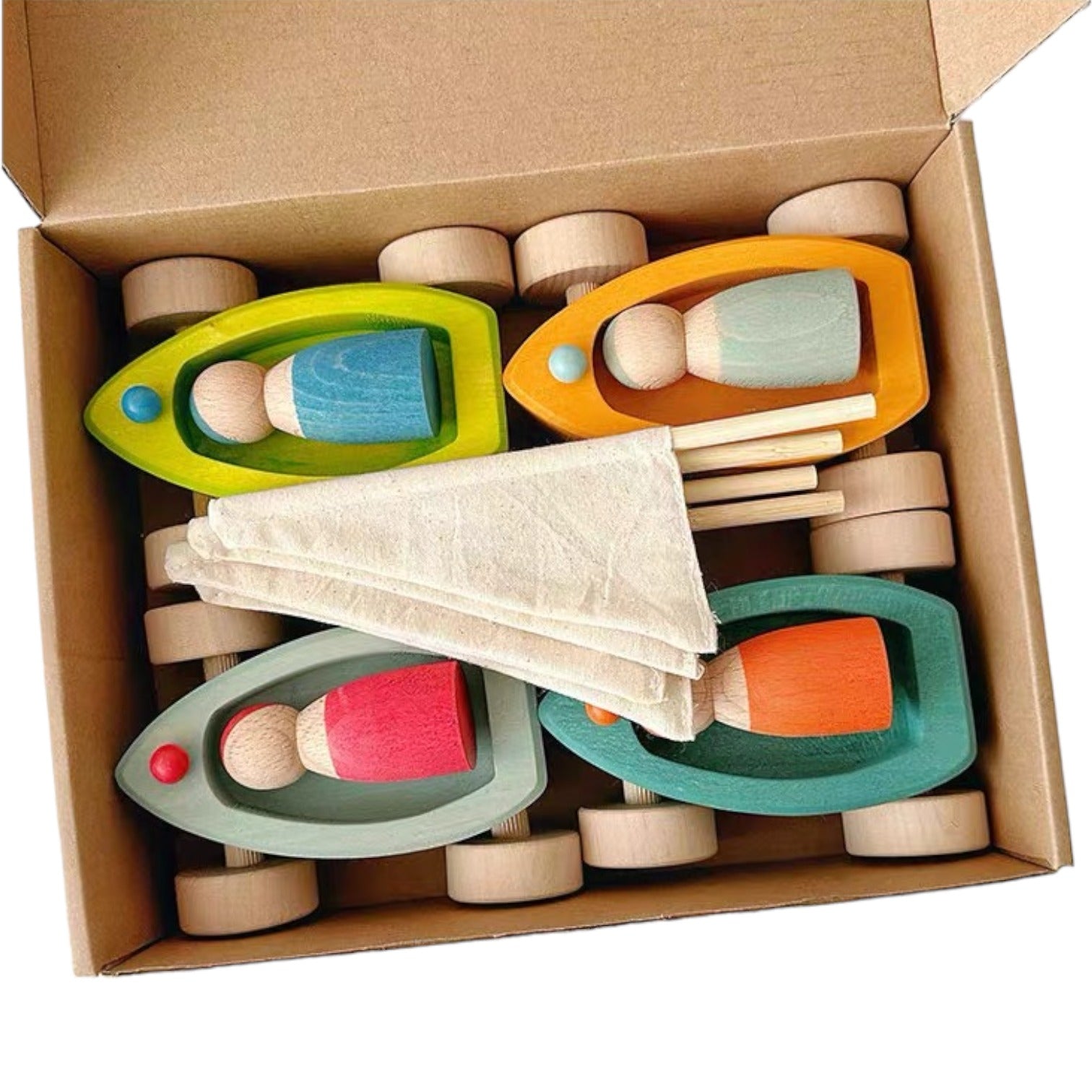4 Pcs STAINED Wooden Land Yachts Set with 4 Pcs Peg dolls - The Nurturing Nook
