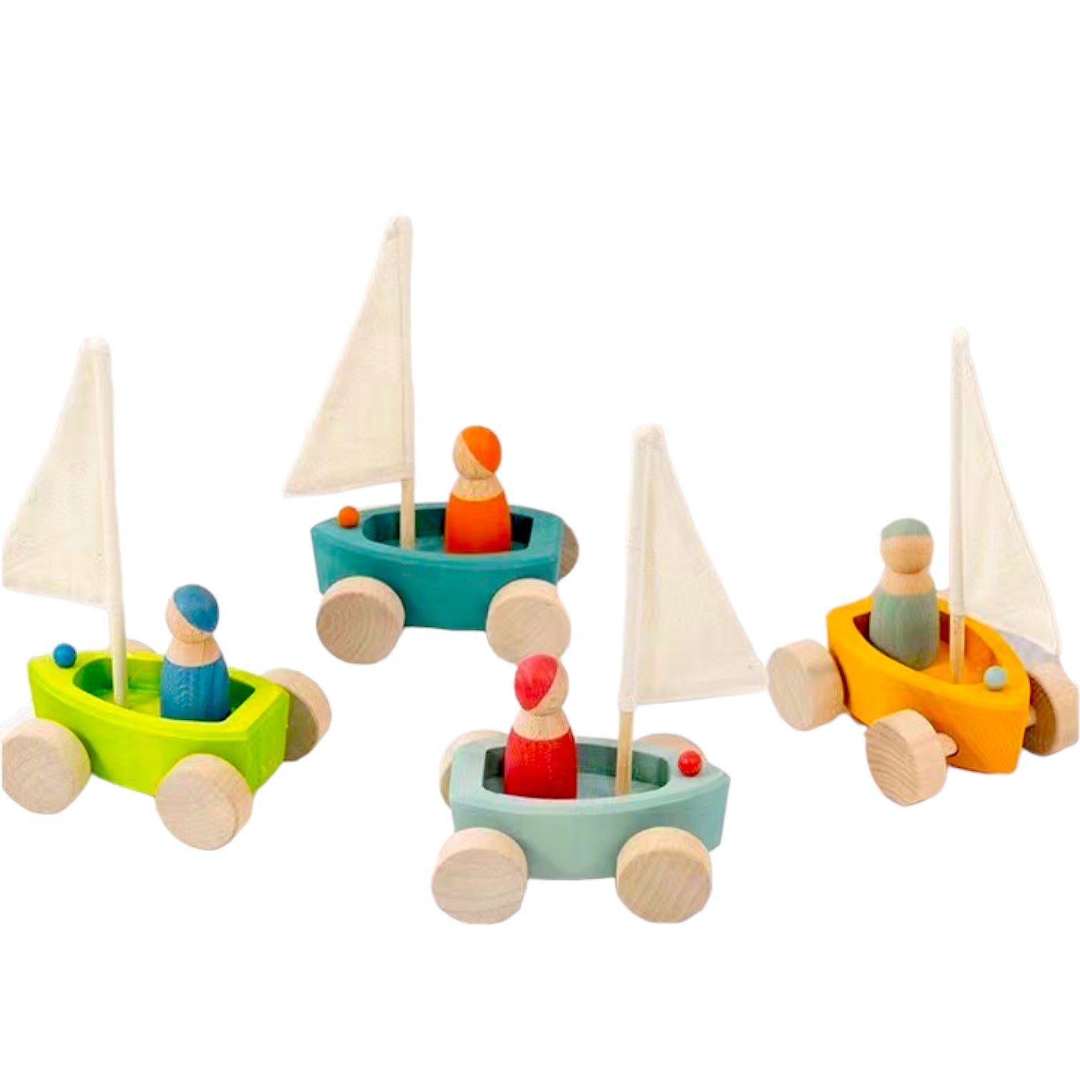 4 Pcs STAINED Wooden Land Yachts Set with 4 Pcs Peg dolls - The Nurturing Nook