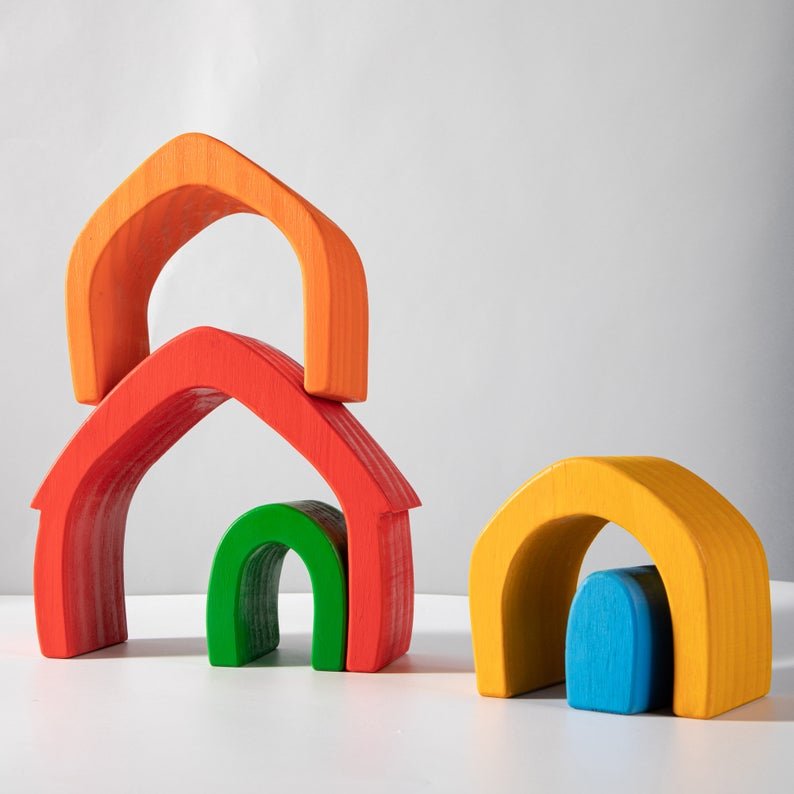 5 Pcs STAINED Rainbow Wooden Stacking House - The Nurturing Nook