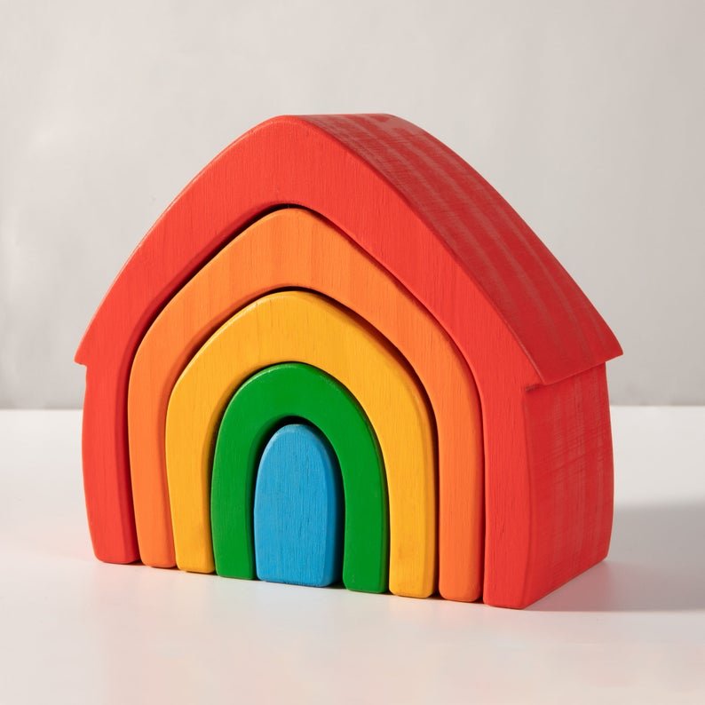 5 Pcs STAINED Rainbow Wooden Stacking House - The Nurturing Nook