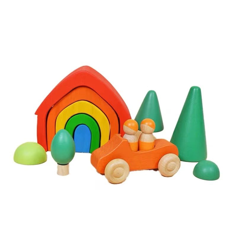 5 Pcs STAINED Rainbow Wooden Stacking House - The Nurturing Nook