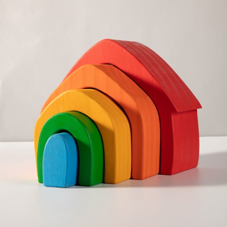 5 Pcs STAINED Rainbow Wooden Stacking House - The Nurturing Nook