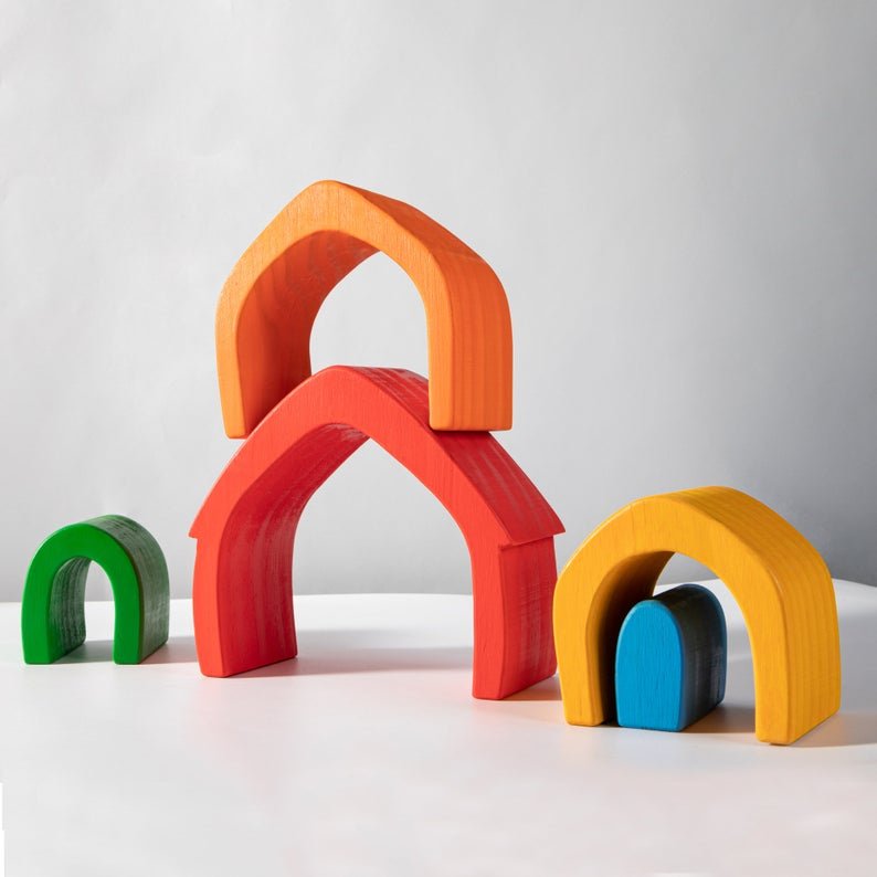 5 Pcs STAINED Rainbow Wooden Stacking House - The Nurturing Nook