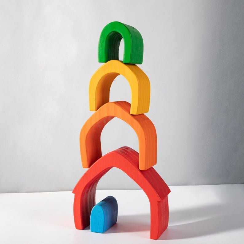 5 Pcs STAINED Rainbow Wooden Stacking House - The Nurturing Nook