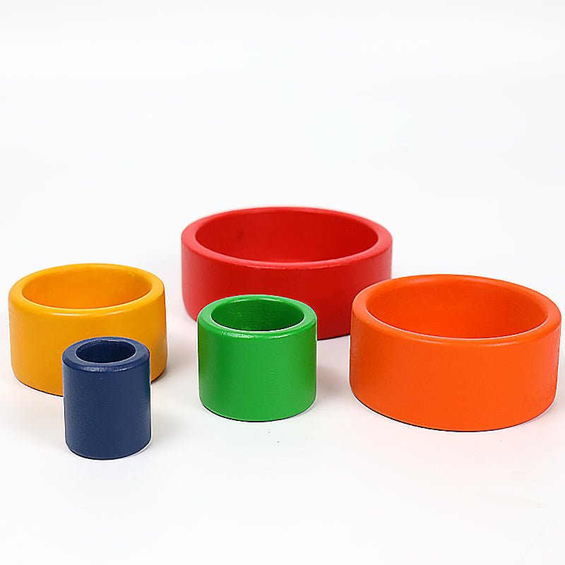 5 Pcs Wooden Stacking Nesting Cup Bowl Set in Primary Rainbow Color - The Nurturing Nook