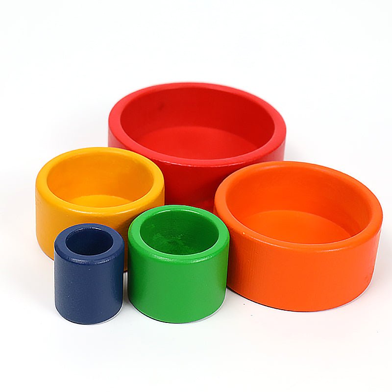 5 Pcs Wooden Stacking Nesting Cup Bowl Set in Primary Rainbow Color - The Nurturing Nook