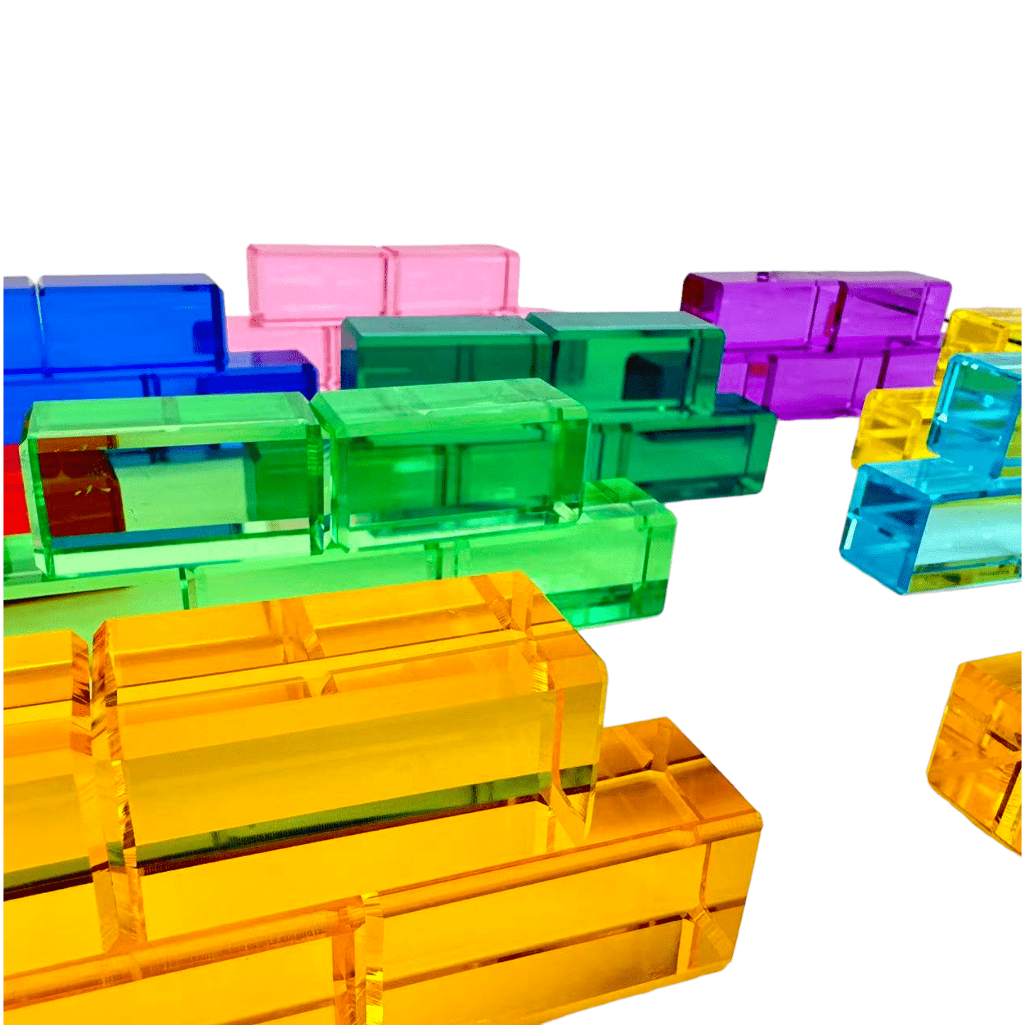 50 Pcs Rainbow Crystal Clear Translucent Rectangular Lucite Building Blocks Set with Storage Tray - The Nurturing Nook