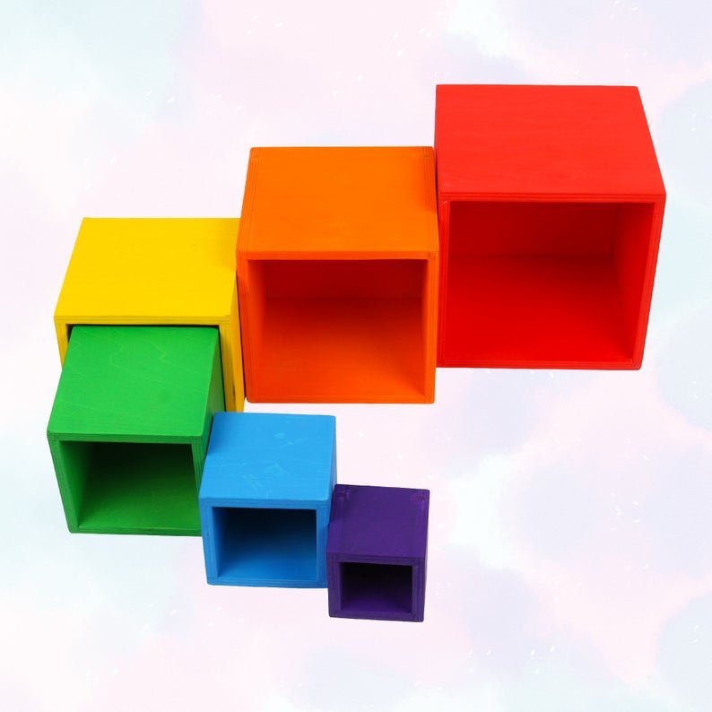 6 Pcs Colored Rainbow Wooden Nesting Box Set in Primary Color - The Nurturing Nook