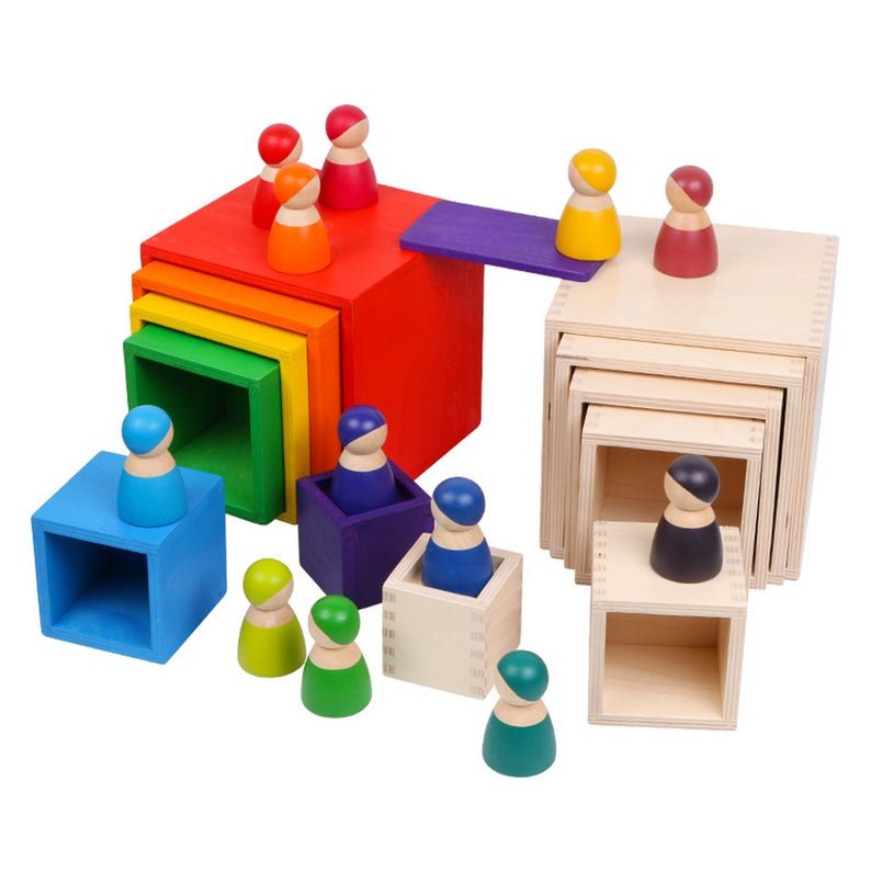 6 Pcs Colored Rainbow Wooden Nesting Box Set in Primary Color - The Nurturing Nook
