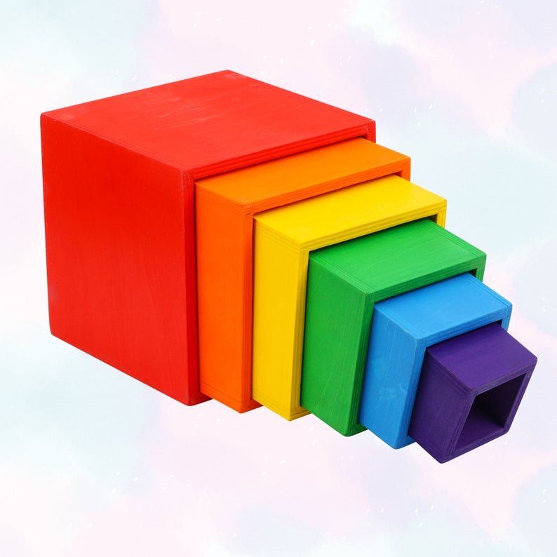 6 Pcs Colored Rainbow Wooden Nesting Box Set in Primary Color - The Nurturing Nook