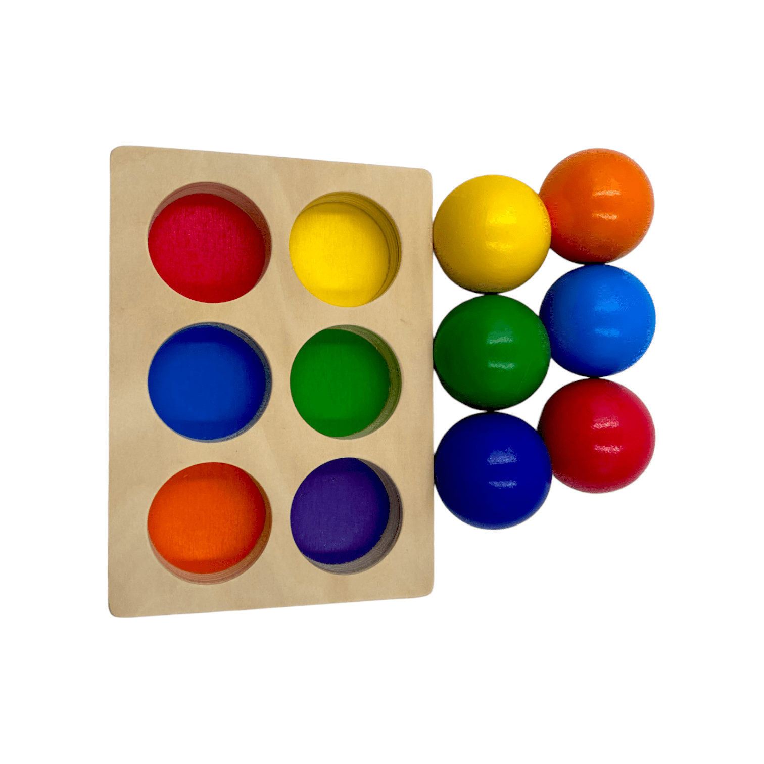 6 Pcs Rainbow Wooden Balls with Tray in Primary Colors Diameter 1.8 Inches - The Nurturing Nook