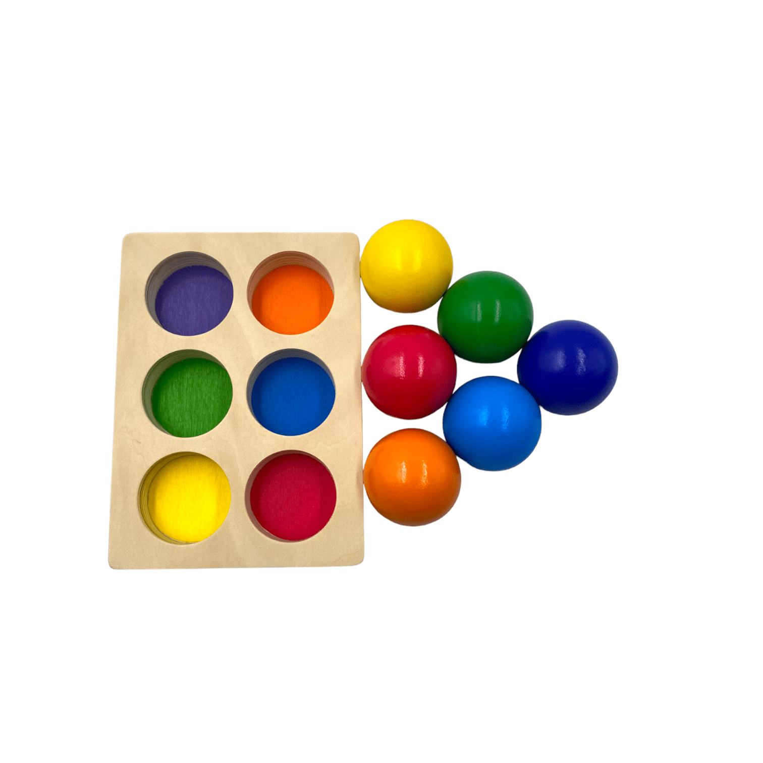 6 Pcs Rainbow Wooden Balls with Tray in Primary Colors Diameter 1.8 Inches - The Nurturing Nook
