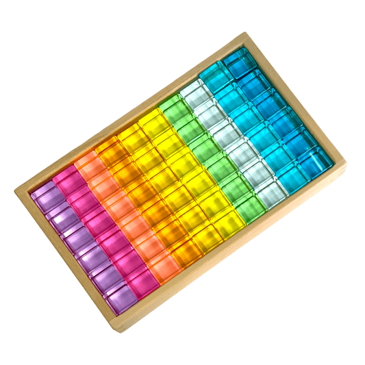 60 Pcs Crystal Clear Translucent Lucite Cubes Set in Pastel/Macaron Colors with Storage Tray - The Nurturing Nook