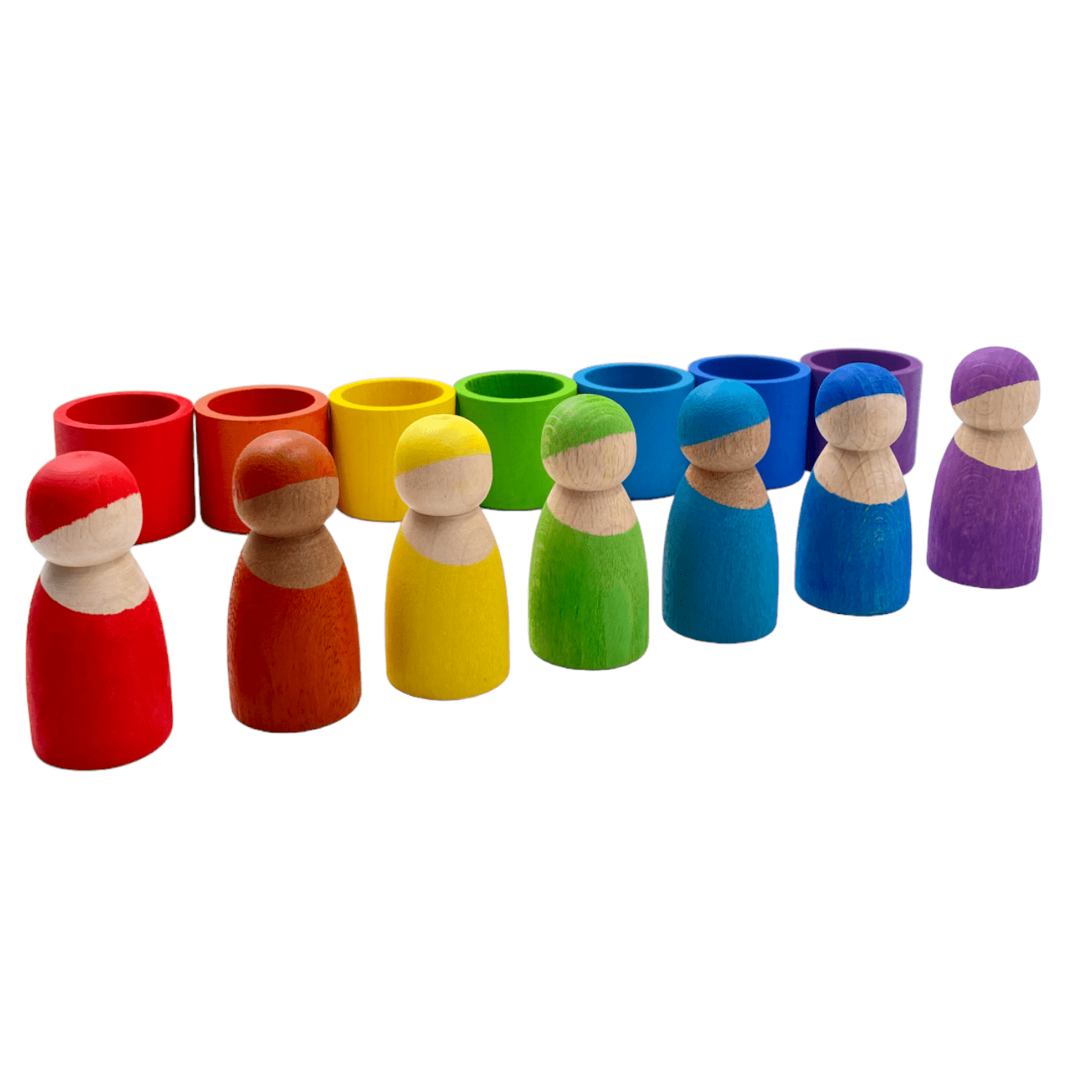 7 Different Skin Stones Stained Rainbow Wooden Peg Dolls in Bowls - The Nurturing Nook