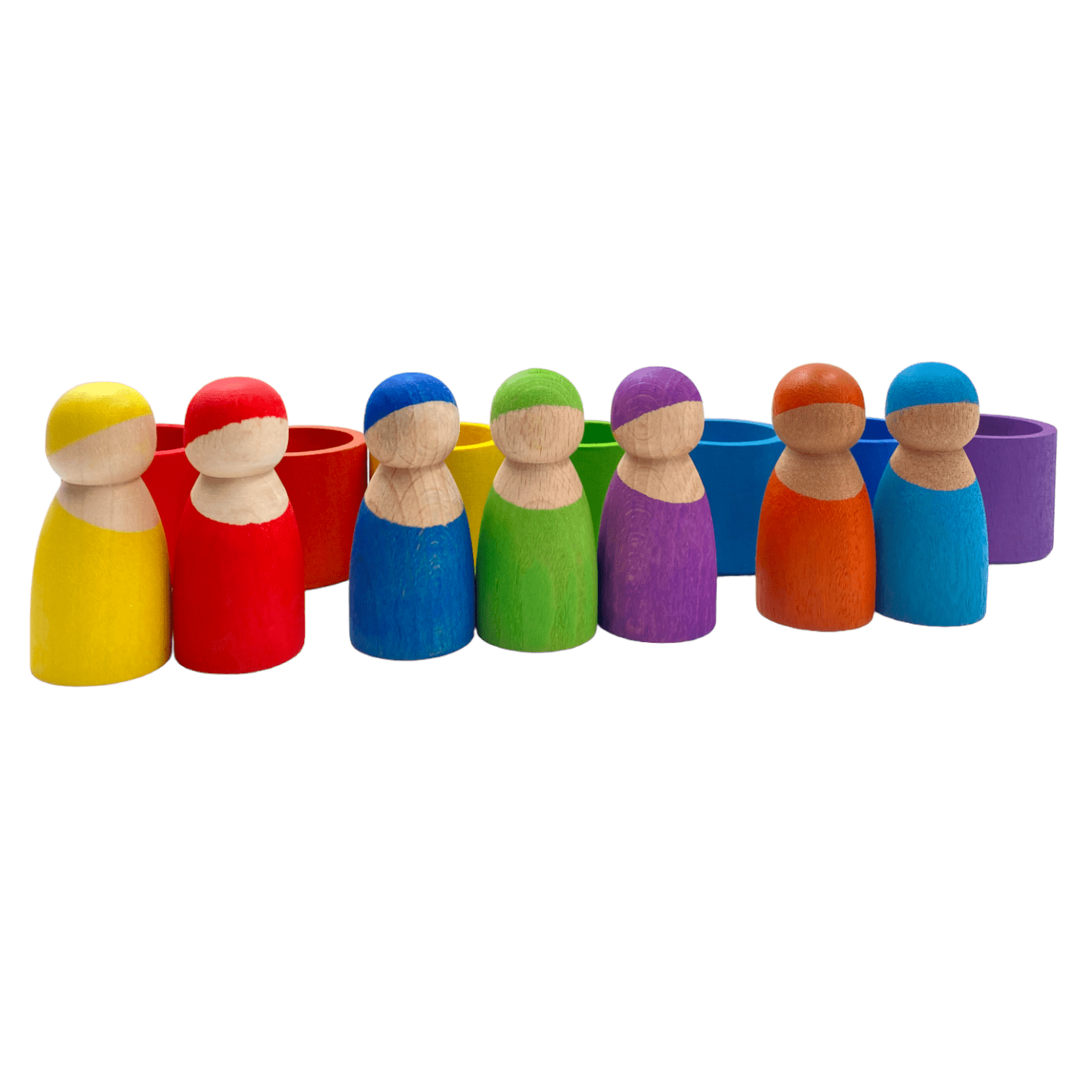 7 Different Skin Stones Stained Rainbow Wooden Peg Dolls in Bowls - The Nurturing Nook